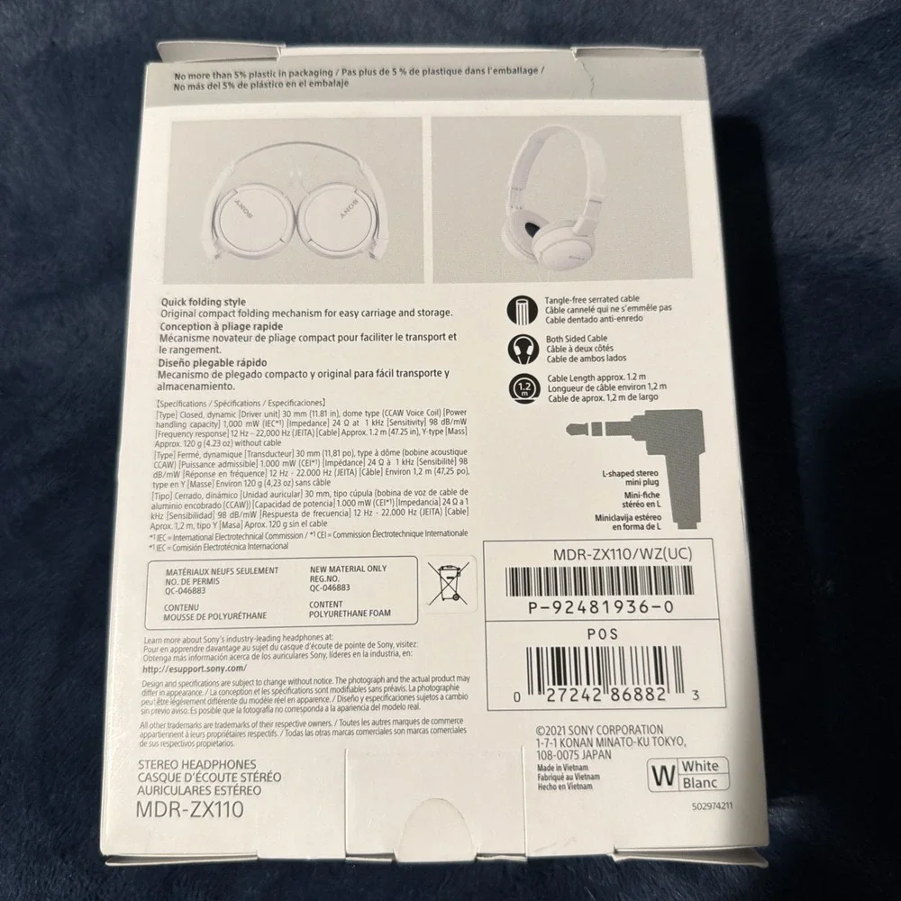 Sony ZX Series Wired On-Ear Headphones, White MDR-ZX110 Airplane Headphones NIB
